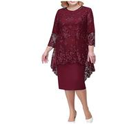 Tunika Kleid Damen Kleid FüR Brautmutter Kleider Schwarz Zweiteiler Frauen ÜBergrößE Blumendruck Spitze Patchwork 2 Teiler Rundhals 3/4 ÄRmel Midikleid Elegant Kleid Spitze (Wine, XL)