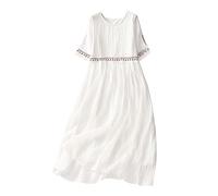 Tunika Kleid Damen Leinen-Baumwoll Midikleid Lockeres Kurzarm Sommerkleid Rundhals Strandkleid mit Vintage Bestickte Elegante Oversized Freizeitkleid A-Linie Knielang Kleid