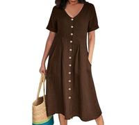 Tunika Kleid Damen Sommer Outfit Einfarbig Baumwolle Leinen V-Ausschnitt Halben Ärmel Bluse midikleid（Kaffee, S