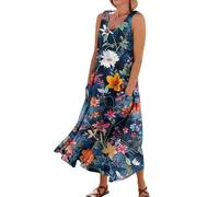 Tunika Kleid Damen Sommer, Strandkleider Für Frauen Ab 50 Wickelkleid Strand Bunte Boho Blumen Druck Rundhals Ärmellos Baumwolle Leinen Maxikleid Street-One Kleider Sexy Minikleid (L,2-Dunkelblau)