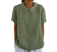 Tunika leinen musselin Damen Oberteile Sommer Einfarbig Baumwoll Revers Kurzarm wanderblusen Nachthemd(Grün, M)