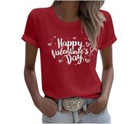 Tunika-Oberteil für Damen, UK-Kurzarm-Top, Valentinstags-T-Shirt, Herz-Top, Damen, lange Sommerblusen, Rundhalsausschnitt, weite T-Shirts, lässige Bluse, lange Tunika-Bluse, N Red, XL