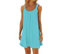 Tunika Strand Damen, Strandkleider Damen Sommer Kurz Sommerkleid Bikini Cover Up Strandkleid Strand Kleider Casual Ärmellos Tshirt Kleid Minikleid, Blau, M