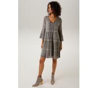 Tunikakleid ANISTON CASUAL, Damen, Gr. 44, N-Gr, grau, Crêpe, Obermaterial: 100% Baumwolle. Futter: 100% Polyester, Abriebeffekte, Strukturmuster, lässig geschnitten kniefrei, V-Ausschnitt, Trompetenä