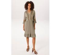 Tunikakleid ANISTON CASUAL, Damen, Gr. 48, N-Gr, beige (hellkhaki), Single Jersey, Obermaterial: 95% Viskose, 5% Elasthan, unifarben, figurumspielend kniefrei, V-Ausschnitt, Volant, Kleider, mit Häkel