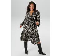 Tunikakleid ANISTON PLUS, Damen, Gr. 46, N-Gr, schwarz (schwarz, beige), Web, Obermaterial: 100% Viskose, gemustert, figurumspielend kniebedeckend, V-Ausschnitt, Kleider, mit graphischem Blätterdruck