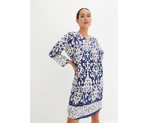 Tunikakleid BONPRIX, Damen, Gr. 44, N-Gr, dunkelblau, creme bedruckt, Web, Obermaterial: 100% Viskose, A-Linie, Kleider Tunikakleid, aus Viskose, eleganter Stil, A-Linien-Passform, 3/4-Ärmel, Topselle