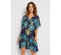 Tunikakleid BONPRIX, Damen, Gr. 52/54 (XXL), N-Gr, dunkelblau, türkis floral, Web, Obermaterial: 100% Polyester, figurumspielend, Kleider, mit transparentem Stoff, mit tiefem V-Ausschnitt, weicher Gri