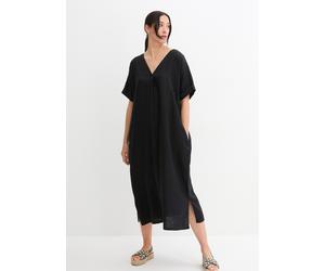 Tunikakleid BONPRIX "Kaftan-Kleid aus reinem Leinen", Damen, Gr. 50, N-Gr, schwarz, Obermaterial: 100% Leinen, oversize, Kleider, für eleganten Look, aus Leinen, Oversize-Passform, mit Halbarm (313270