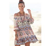 Druckkleid BUFFALO, Damen, Gr. 32/34, N-Gr, beige (creme, bedruckt), Web, Obermaterial: 100% Viskose, bedruckt, figurumspielend ca. Mitte Oberschenkel, Carmenausschnitt, Kleider Druckkleid, mit Ethnop
