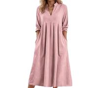 Tunikakleid Leinenkleider Damen Sommer Elegant V-Ausschnitt Sommerkleid Blusenkleid Tunika Bluse Kleid Boho Midi Mit Taschen Leinen Baumwolle Knielang Strandkleid,30 Rot,3XL