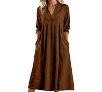 Tunikakleid Leinenkleider Damen Sommer Elegant V-Ausschnitt Sommerkleid Blusenkleid Tunika Bluse Kleid Boho Midi Mit Taschen Leinen Baumwolle Knielang Strandkleid,19 Kaffee,S