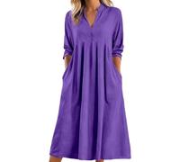 Tunikakleid Leinenkleider Damen Sommer Elegant V-Ausschnitt Sommerkleid Blusenkleid Tunika Bluse Kleid Boho Midi Mit Taschen Leinen Baumwolle Knielang Strandkleid,16 Lila,3XL