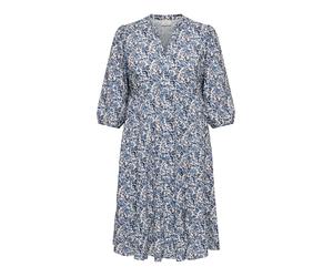 Tunikakleid ONLY CARMAKOMA "CARMILANA 3/4 DRESS WVN NOOS", Damen, Gr. 48, N-Gr, coronet blau aop:jadie flower, Web, Obermaterial: 100% Viskose, bedruckt, loose fit kniebedeckend, V-Ausschnitt, elastis