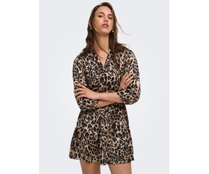 Tunikakleid ONLY "ONLALENA 3/4 MINI DRESS WVN", Damen, Gr. L, N-Gr, braun (pumice stone aop:schwarz leo), Web, Obermaterial: 100% Polyester, bedruckt, regular fit kurz, V-Ausschnitt, Kleider, Polyeste