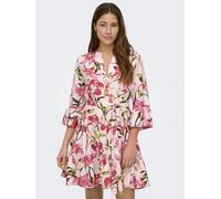 Tunikakleid ONLY "ONLSINA LIFE 3/4 SHORT DRESS NOOS WVN", Damen, Gr. S, N-Gr, bunt (roseate spoonbill aop:sina flower), Web, Obermaterial: 100% Polyester, bedruckt, regular fit, V-Ausschnitt, Volant,