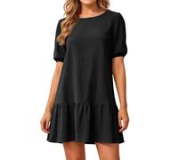 Tunikakleid Rundhals Sommerkleid Ballonärmel Freizeitkleid Rüschensaum Mini Kleid Locker Alltag Casual Black XL