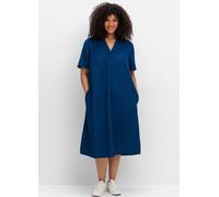 Tunikakleid SHEEGO "Blusenkleid", Damen, Gr. 48, Normalgrößen, blau (blaubeere), 97% Polyester, 3% Elasthan, unifarben, wadenlang, V-Ausschnitt, Kleider (64039067-48) blaubeere