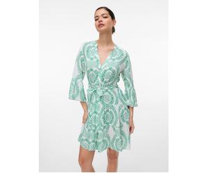 Tunikakleid VERO MODA "VMMELBA 3/4 SHORT BELT DRESS WVN GA NOOS", Damen, Gr. L, N-Gr, weiß (snow weiß aop:holly grün), Web, Obermaterial: 100% Viskose, bedruckt, kurz, V-Ausschnitt, Kleider, Sommerkle