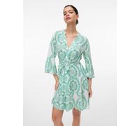 Tunikakleid VERO MODA "VMMELBA 3/4 SHORT BELT DRESS WVN GA NOOS", Damen, Gr. M, N-Gr, weiß (snow weiß aop:holly grün), Web, Obermaterial: 100% Viskose, bedruckt, kurz, V-Ausschnitt, Kleider Tunikaklei