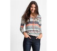 Tunikashirt BONPRIX, Damen, Gr. 36/38 (S), lachs gemustert, Jersey, Obermaterial: 50% Baumwolle, 50% Viskose, bedruckt, A-Linie hüftlang, V-Ausschnitt, Shirts Tunikashirt, Langarm, mit Bindeband am Au