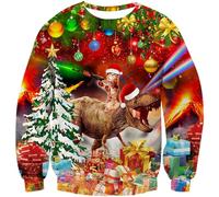 TUONROAD 3D Hässliche Weihnachtspullover Cool Santa Dinosaurier Drucken Ugly Christmas Sweater Herren Langarm Party Jumper Sweatshirt Für Familien Paare 3XL