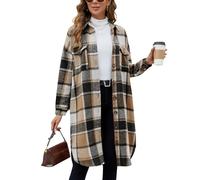 Tuopuda Damen Hemdjacke Karierte Shacket Lange Loose Mantel Casual Flanell Lange Ärmel Knopfleiste Jacke Übergangsjacke(Khaki,XXL)