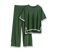 Tuopuda Freizeitanzug Damen Grobstrickpullover 2-Teiliges Cozy Knit Set Y2K Strick Jogginganzug Lässiger Shirt Rundhals mit Homewear Hose, Grün, S