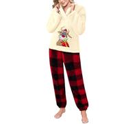 Tuopuda Weihnachten Pyjama Set Hirsch Schlafanzug Damen Winter Lang Fleece, Weihnachtspyjama Elch Zweiteiliger Set Hausanzug Flauschig Weihnachtspullover mit Karierte Schlafanzughosen, Beige, XL
