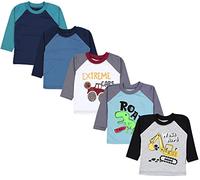 TupTam Baby Jungen Langarmshirt Gestreift 5er Set, Farbe: Bagger Monster Tuck Dino Grau Blau Grün, Größe: 86