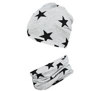 TupTam Jungen Beanie Mütze Schlauchschal Kinder 2er Set Herbst Winter gefütterte Übergangsmütze mit Loop, Farbe: Jersey zweilagig - Sterne Schwarz Grau, Hat Size: 56