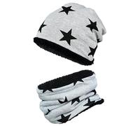 TupTam Jungen Beanie Mütze Schlauchschal Kinder 2er Set Herbst Winter gefütterte Übergangsmütze mit Loop, Farbe: Wintermütze Teddyfleece - Sterne Schwarz Grau, Hat Size: 50