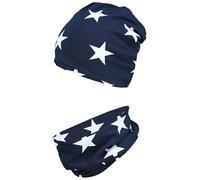 TupTam Jungen Beanie Mütze Schlauchschal Kinder 2er Set Herbst Winter gefütterte Übergangsmütze mit Loop, Farbe: Jersey zweilagig - Weiße Sterne Dunkelblau, Hat Size: 50