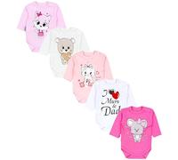 TupTam Langarmbody Baby Body 5er Set - Body Baby aus 100% Baumwolle, OEKO-TEX zertifiziert, Farbe: I love Mum Dad Weiß Katze Maus Rosa Bär Ecru, Größe: 92