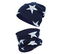 TupTam Mütze Kinder & Schlauchschal Set - Beanie Kinder für Herbst & Winter, Warme Mütze Jungen & Mädchen Oeko-TEX, Farbe: Sterne Weiß/Dunkelblau, Größe: 52-54