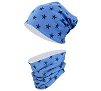 TupTam Mütze Kinder & Schlauchschal Set - Beanie Kinder für Herbst & Winter, Warme Mütze Jungen & Mädchen Oeko-TEX, Farbe: Graue Sterne/Jeans, Größe: 52-54