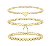 Turandoss Armband Damen Gold, 14 Karat Vergoldet Gold Schleife Perlenarmband für Damen Herz Kugeln Armbänder Set Stretch Kugelarmband Verstellbare Armbänder Boho Schmuck Geschenke für Frauen Mädchen
