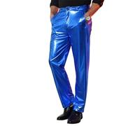 TURETRENDY Herren-Hose, metallisch, glänzende Pailletten, gerades Bein, Disco, Nachtclub, Party, Tanz, 70er Jahre, Blau, Groß