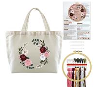 Turmaster Stickerei Set mit Canvas Tote Bag, Stickset für Anfänger, Sticken Set Erwachsene mit Blumenmuster,Stickrahmen,Fäden und DIY Stickerei Werkzeuge，Weiß