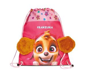 Turnbeutel Paw Patrol Mädchen mit Name Skye | Personalisierter Schuhbeutel Kinder Hunde | Sportbeutel zum Zuziehen Kinder-Rucksack | Mit 3D Ohren aus Stoff Plüsch