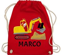Turnbeutel Rucksack - 4. Geburtstag - Bagger Name zum Vierten - Unisize - Rot - kindergarten kinder 4 jahre 4.geburtstag beutel stoffbeutel sportbeutel turnsackerl kinderturnbeutel stoffsackerl