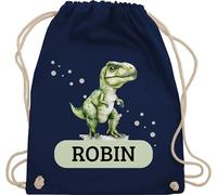 Turnbeutel Rucksack - Dino mit Name personalisiert I T Rex Geschenk Dinosaurier I Dinogeschenk - Unisize - Navy Blau - beutel für wechselwäsche tier wäschebeutel kindergarten tieren