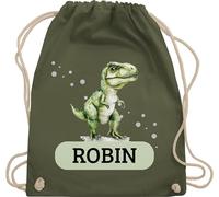 Turnbeutel Rucksack - Dino mit Name personalisiert I T Rex Geschenk Dinosaurier I Dinogeschenk - Unisize - Olivgrün - beutel für wechselwäsche tier wäschebeutel kindergarten tieren