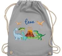 Turnbeutel Rucksack - Geschenk Dinosaurier personalisiert mit Name I Dino I Dinos - Unisize - Hellgrau - sportbeutel junge kita beutel für wechselwäsche tier trex turnsack