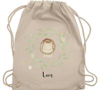 Turnbeutel Rucksack - Löwen - Süßer Löwe im Blumenkranz und Name - Unisize - Naturweiß - personalisierte geschenke kinder personalisierter beutel kindergarten löwenmotiv stoffbeutel
