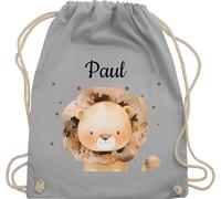 Turnbeutel Rucksack - Löwen - Süßer Löwe personalisiert I Löwe Geschenk Kinder I Geschenk für Kinder mit Name I Kindermotiv Löwe I König der Tiere I Lion I Leo - Unisize - Hellgrau