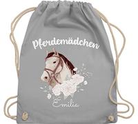 Turnbeutel Rucksack - Pferd Pferde - Pferdemädchen mit Name personalisiert I Geschenk Pferdeliebhaber - Unisize - Hellgrau - mädchen pferderucksäcke pferden reiten beutel pferdefreunde