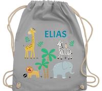 Turnbeutel Rucksack - Safari Tiere Zootiere Zoo Giraffe Zebra Löwe Elefant - Unisize - Hellgrau - personalisierte kindergarten beutel tier stoffbeutel wäschebeutel kita tieren sportbeutel