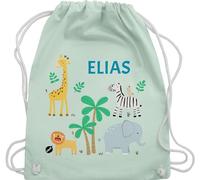 Turnbeutel Rucksack - Safari Tiere Zootiere Zoo Giraffe Zebra Löwe Elefant - Unisize - Pastell Grün - kindergarten tasche kita baumwolle beutel personalisierte geschenke stoffbeutel kinder