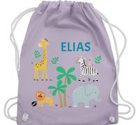 Turnbeutel Rucksack - Safari Tiere Zootiere Zoo Giraffe Zebra Löwe Elefant - Unisize - Pastell Lila - personalisierte kindergarten beutel tier stoffbeutel wäschebeutel kita tieren sportbeutel